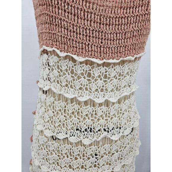 New Handmade Scalloped Cover Up Dress Womens M/L Cotton Rayon Pink Ivory Mini - Picture 2 of 5